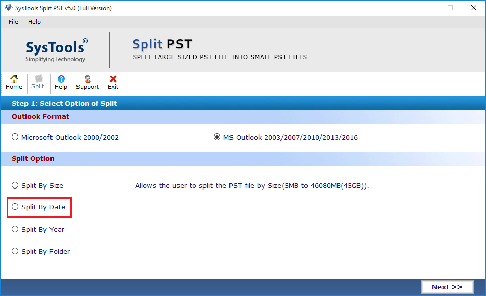 Select Split PST by date