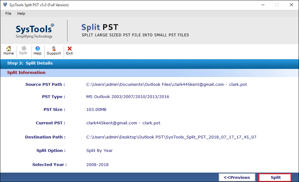 details of split PST